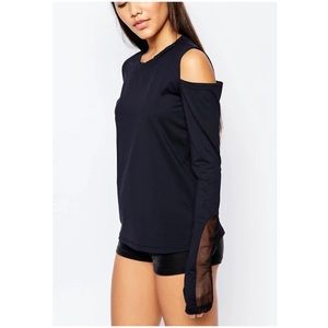 Varley Black Cold Shoulder Blouse with Mesh Detail